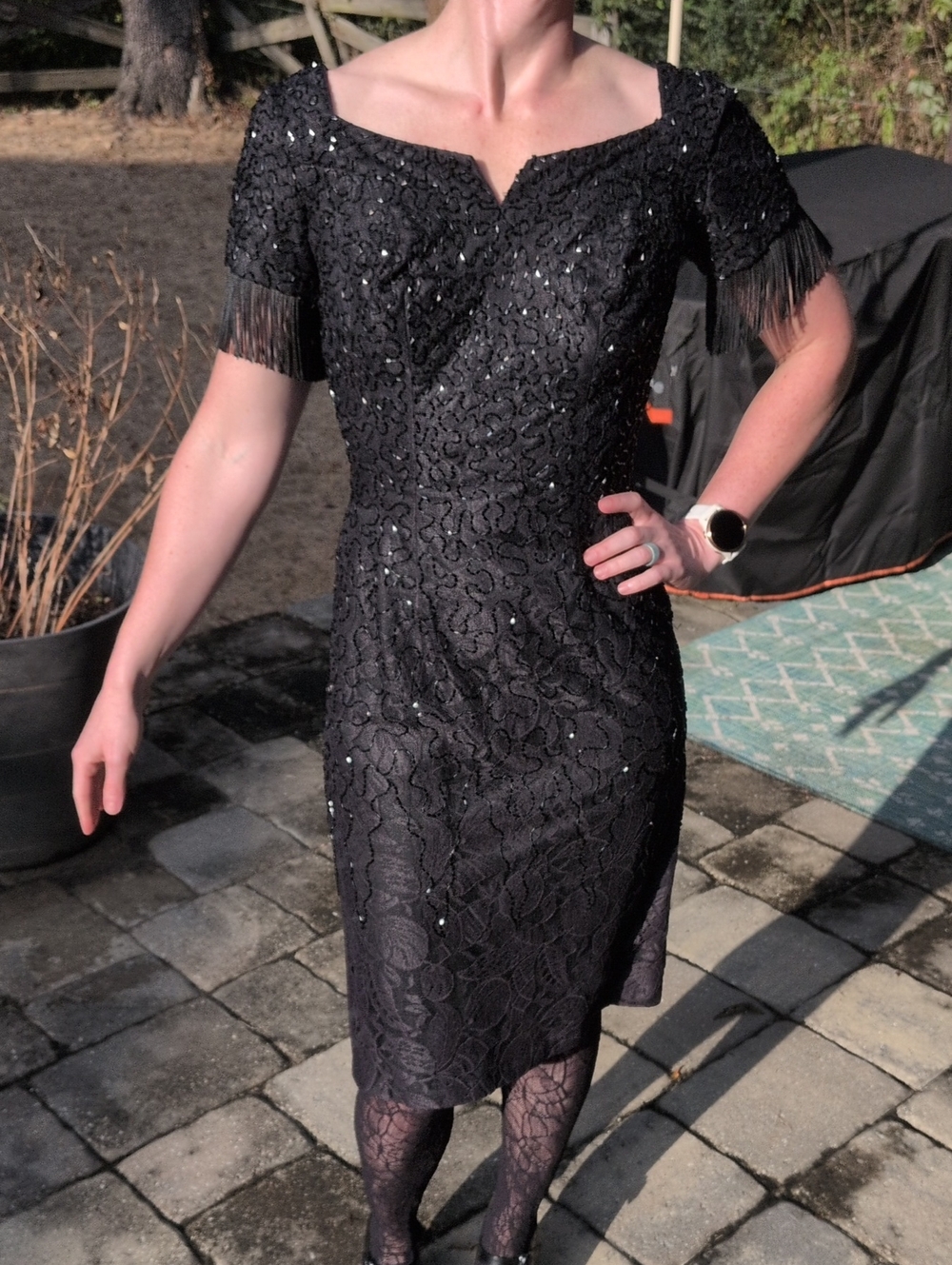 Vintage Black Beaded Cocktail Dress with Fringe Sleeves
